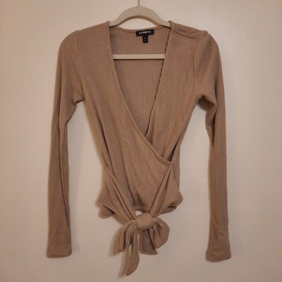 Express Tops - Express long sleeve beige faux wrap top